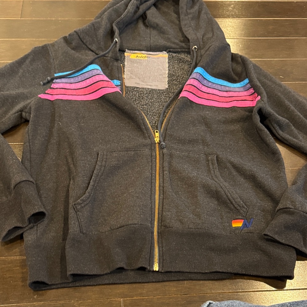 Aviator Nation Hoodie - Black with Pink and Blue Stripes